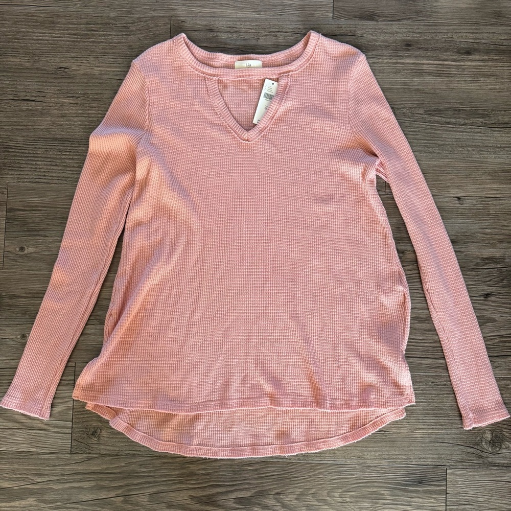 NWT Anthropologie t.la nadia cut-out waffle knit thermal tunic top dusty pink S - Picture 2 of 6